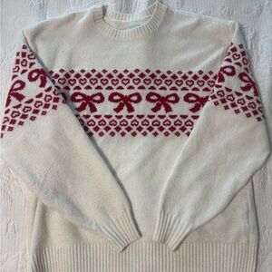 Cream/whiteSweater with Red Bow Pattern